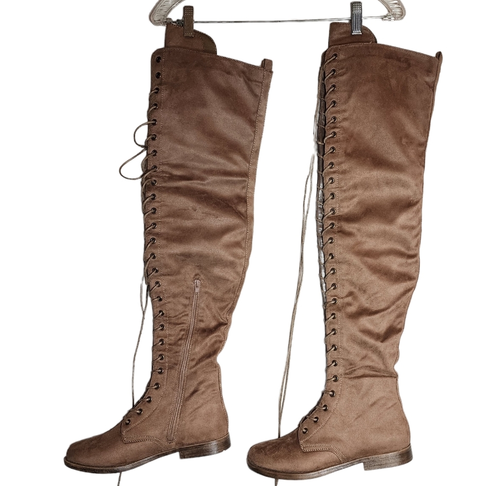 New! Liliana thigh-high faux suede lace up tan boots.